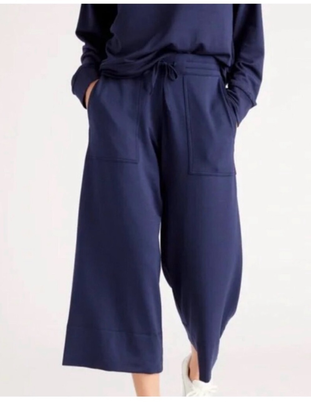 Quince Super Soft Fleece cropped wide leg pants navy Size L - Picture 1 of 10